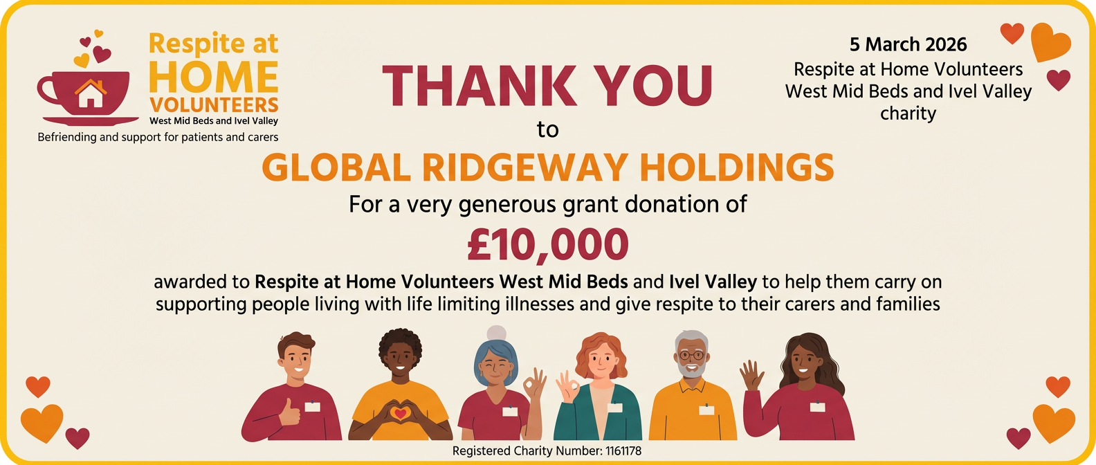 Thank You to Global Ridgeway Holdings for generous donation to Respite at Home Volunteers